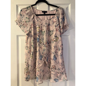 Women's Pink Floral Butterfly Blouse Dress X